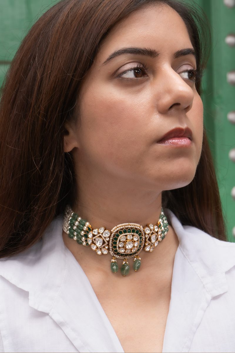 Noor Emerald Polki Choker with Earrings
