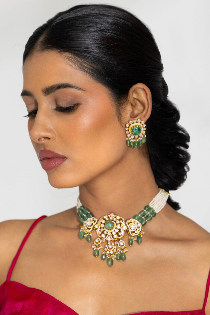 Vana Emerald and Polki Choker with Earrings - 925 silver necklace sets by SOLV, view 2