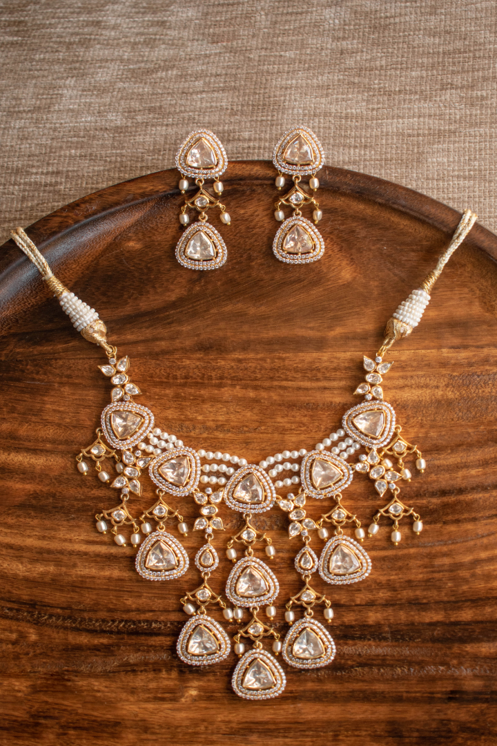 Celestia Polki and Pearl Necklace with Earrings