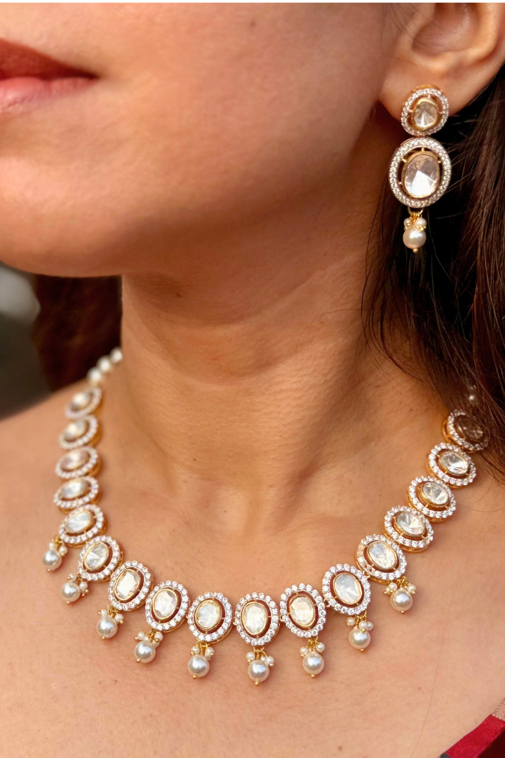 Moonlit Dew Polki and Pearl Necklace
