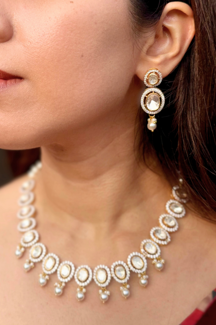 Moonlit Dew Polki and Pearl Necklace