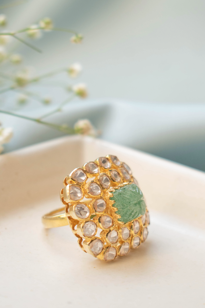 Vasanti Carved Emerald and Polki Ring