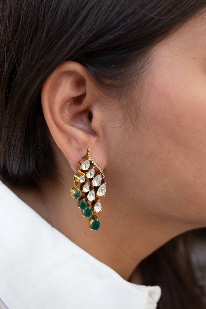 Polki Vine & Emerald Earrings - 925 silver earring by SOLV, view 2