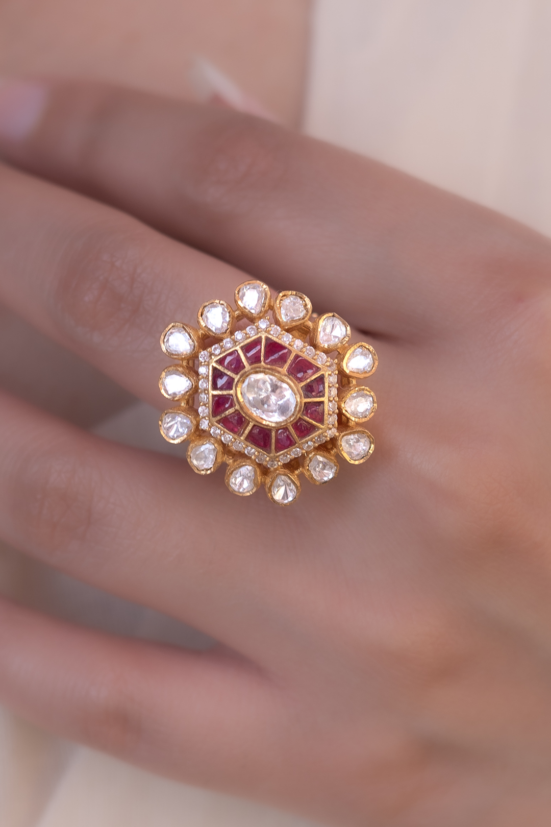 Mudita Pink Polki Cocktail Ring - 925 silver ring by SOLV