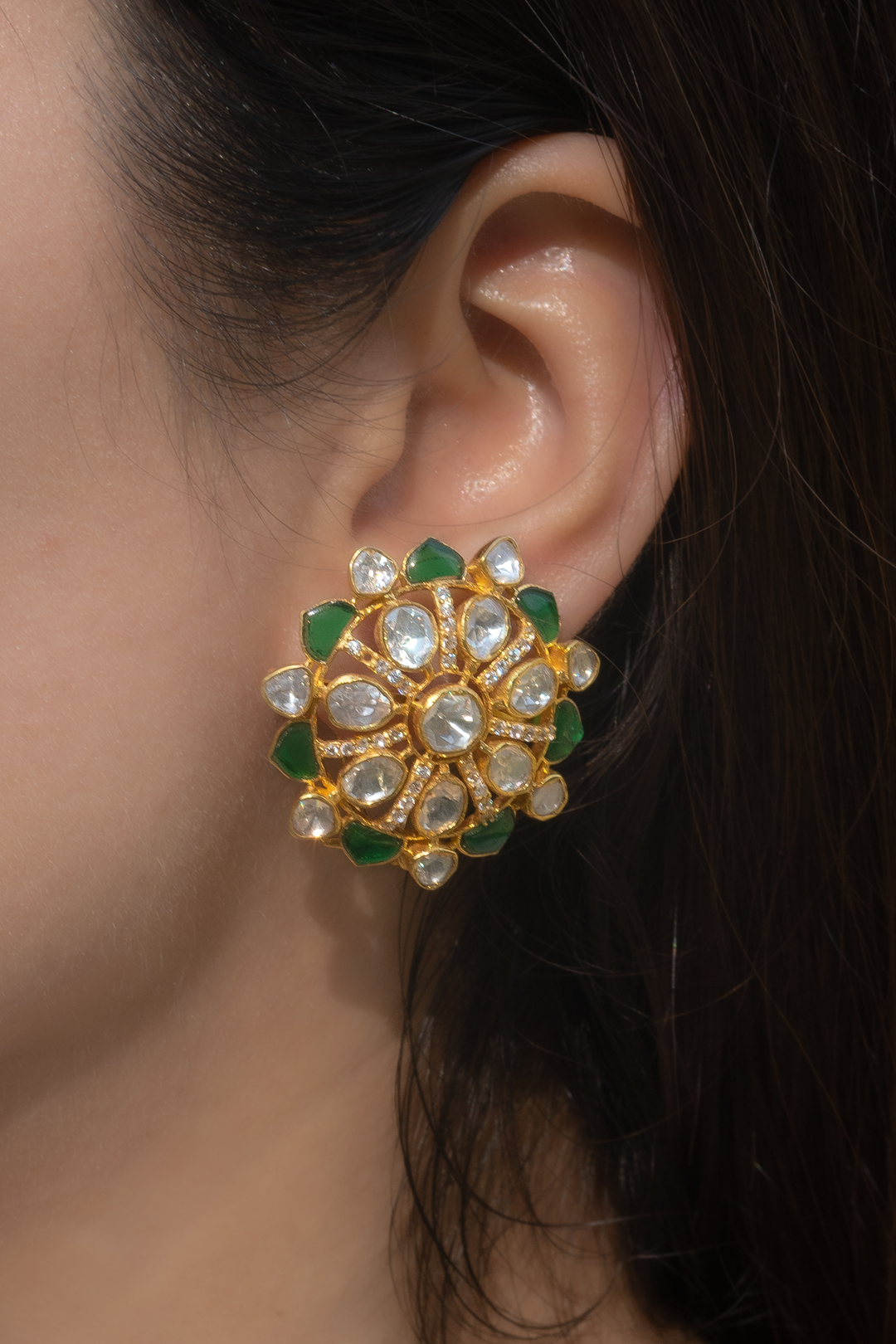 Naaz Emerald Polki Studs - 925 silver earring by SOLV, view 2