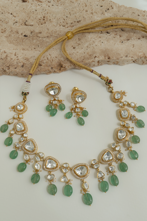 Meher Emerald Polki Necklace with Earrings - 925 silver necklace sets by SOLV, view 2