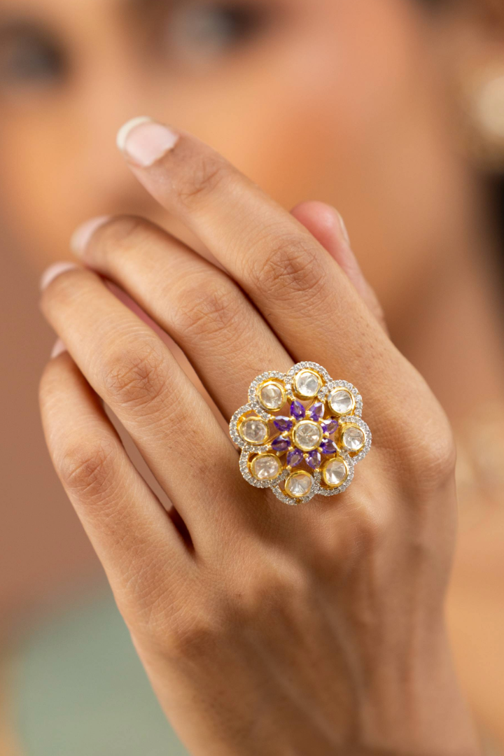 Zoya Polki and Amethyst Ring - 925 silver ring by SOLV