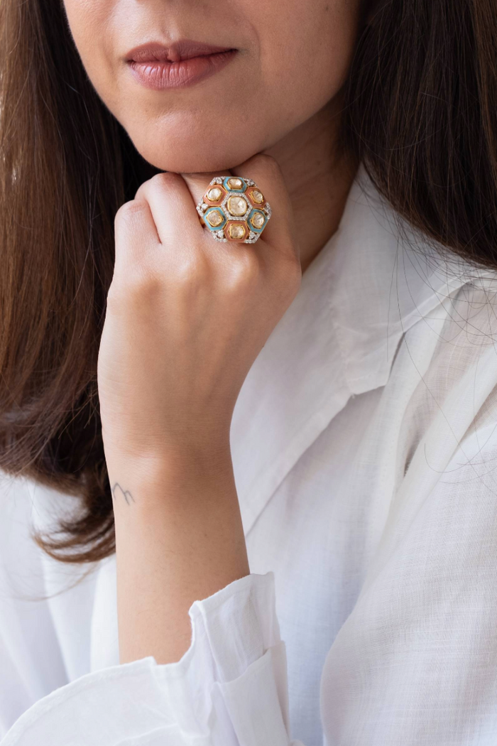Honeycomb Spectrum Polki Ring - 925 silver ring by SOLV, view 3