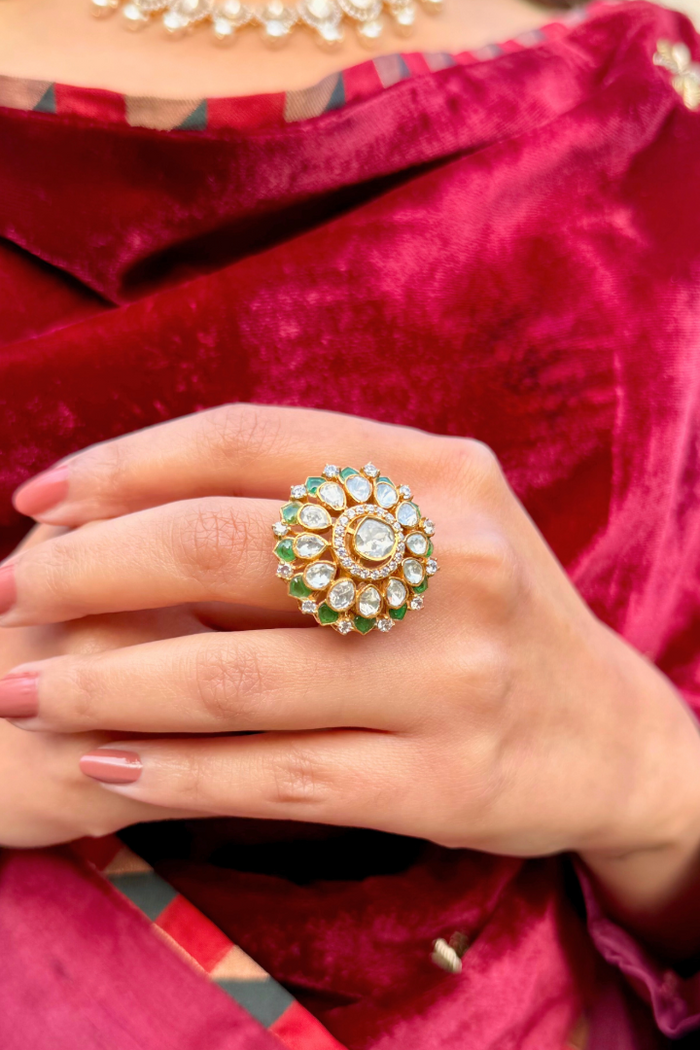 Vaani Emerald and Polki Ring - 925 silver ring by SOLV, view 2