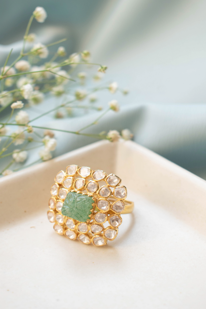 Vasanti Carved Emerald and Polki Ring - 925 silver ring by SOLV, view 3