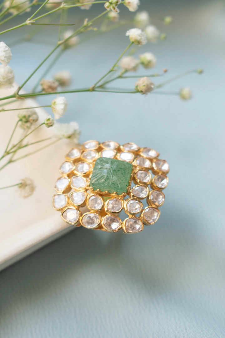 Vasanti Carved Emerald and Polki Ring