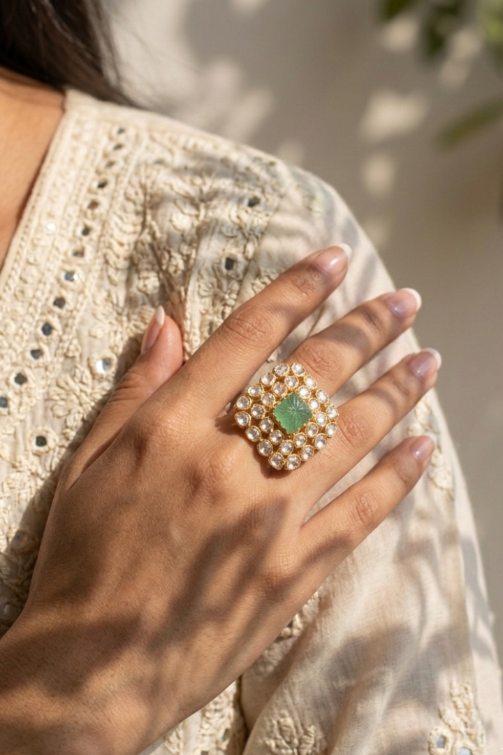 Vasanti Carved Emerald and Polki Ring
