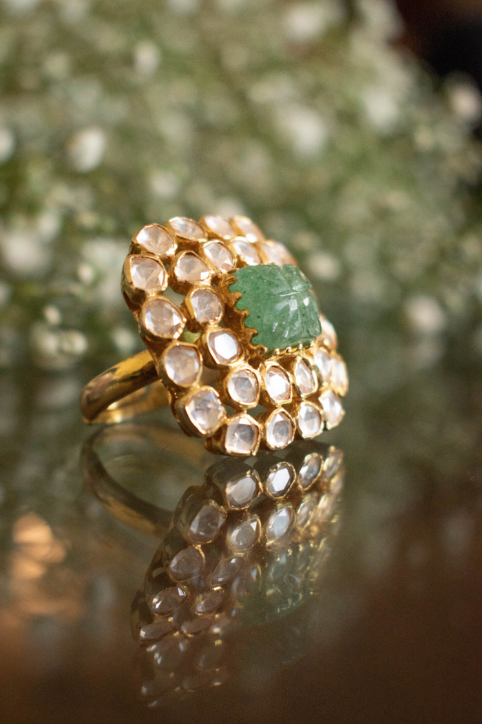 Vasanti Carved Emerald and Polki Ring - 925 silver ring by SOLV, view 2