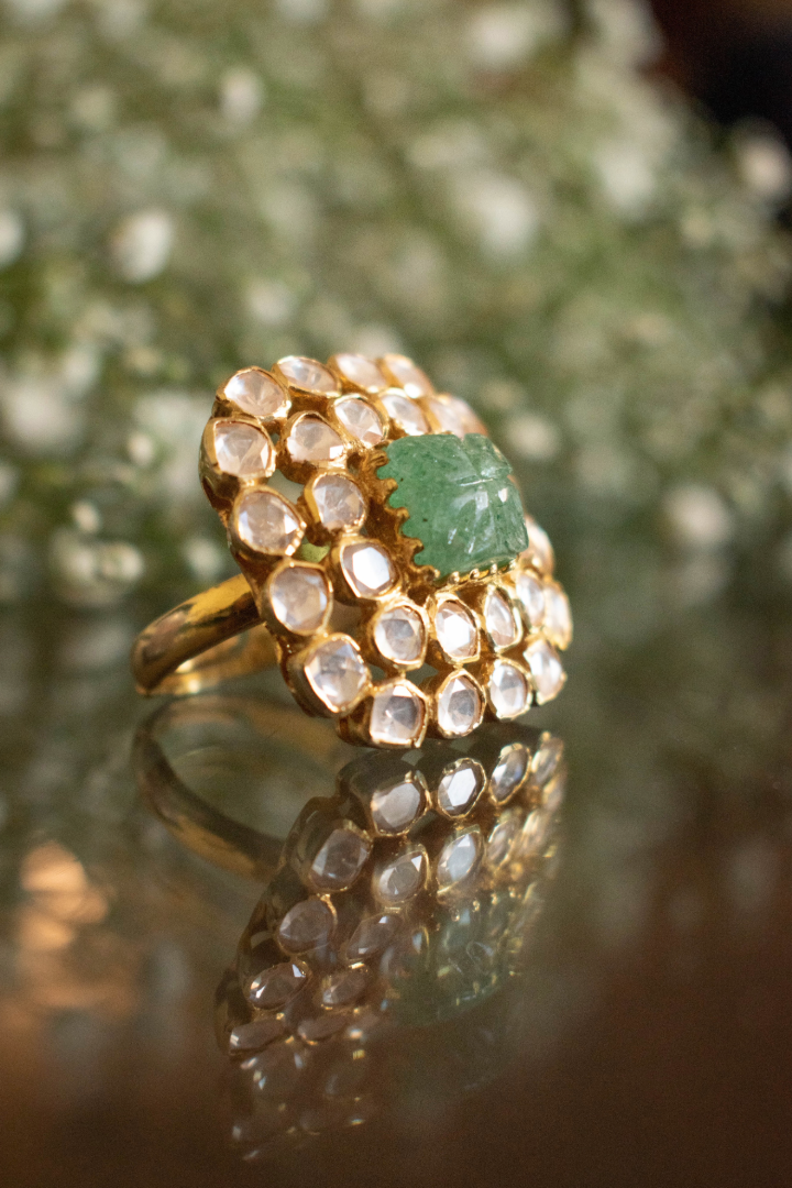 Vasanti Carved Emerald and Polki Ring - 925 silver ring by SOLV, view 2