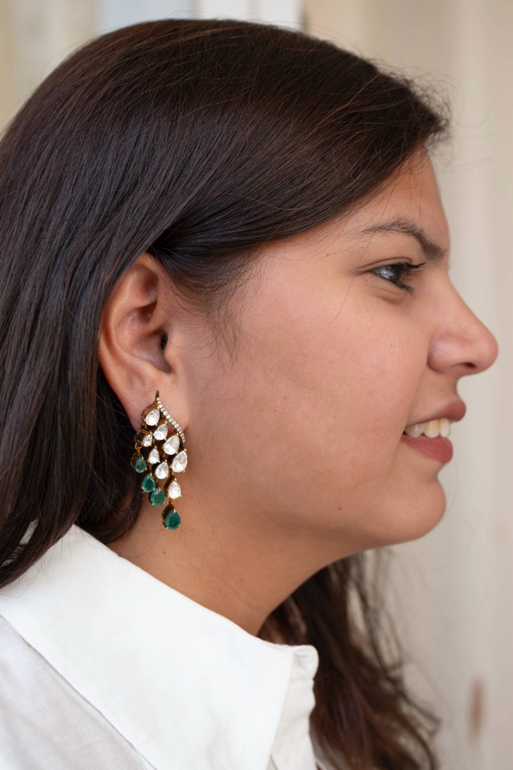 Polki Vine & Emerald Earrings - 925 silver earring by SOLV